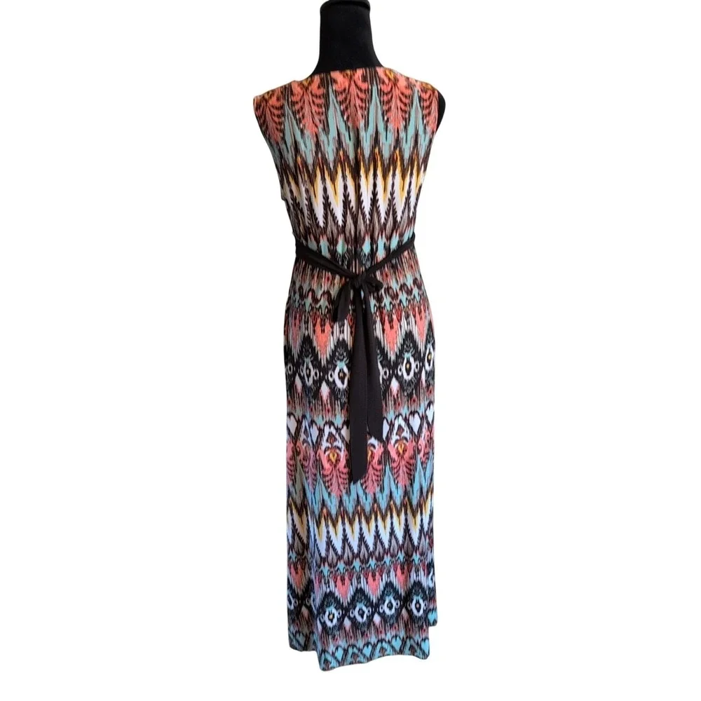 R&M Richard's Women's Size 14 VNeck Maxi Dress Geometric Jeweled Tie Peach Brown